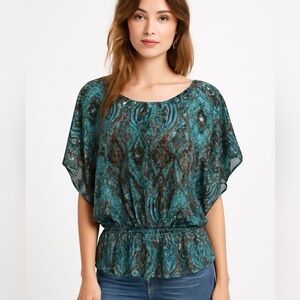 Dressbarn S Abstract Print Dolman Sleeve Sheer Top Elastic Waist Teal Brown Blue